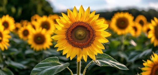Fototapeta premium Vibrant Sunflower Closeup in a Field of Blooms Tranquil Beauty of Nature, Serene Yellow Flower Standing Out Among Green Foliage and Blue Sky - Ideal for Nature Blogs, Social Media, and Home