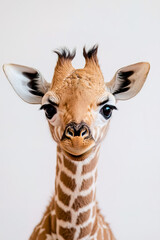 Fototapeta premium A portrait of a baby giraffe against a white background, focusing only on its head.