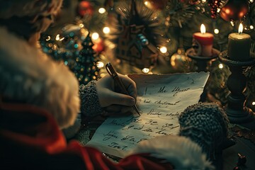  A young boy sitting by the window, writing his letter to Santa Claus with snow falling gently outside,