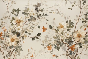 Subtle floral motif with delicate vines, blossoms, and foliage in muted shades on a bright white canvas