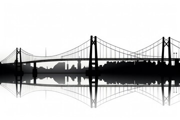 Suspension bridge silhouette with cables and towers, emphasizing the clean lines and engineering elegance, isolated on white background.