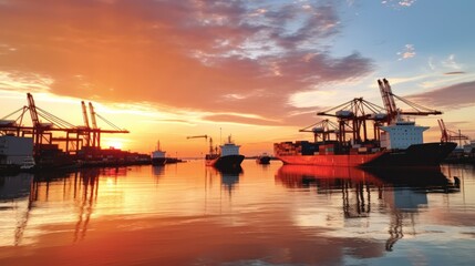 Obraz premium Sunset at a commercial port, with ships silhouetted against the orange sky, reflecting off the calm waters of the bay