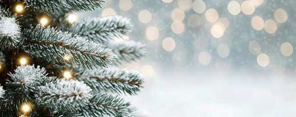 Obraz premium Snowy pine tree with warm white lights, soft focus, peaceful ambiance