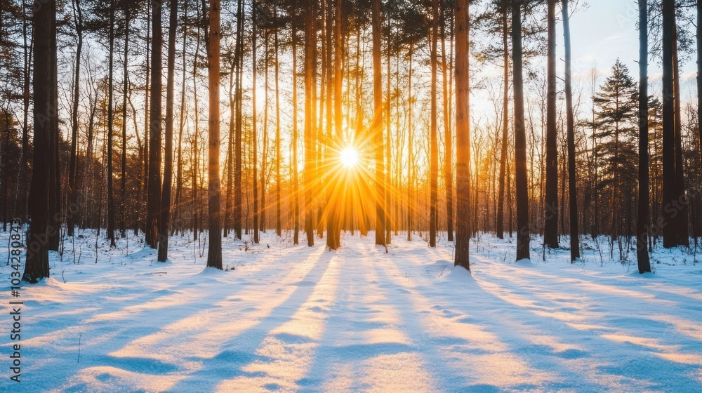 Poster sunset through pine trees in a snowy forest