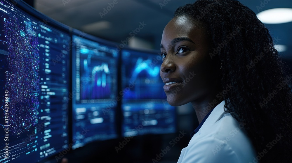 Poster A Woman in a Lab Coat Looking at Data on Multiple Computer Monitors