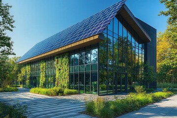 Obraz premium Modern eco-friendly building with solar panels and green landscaping.