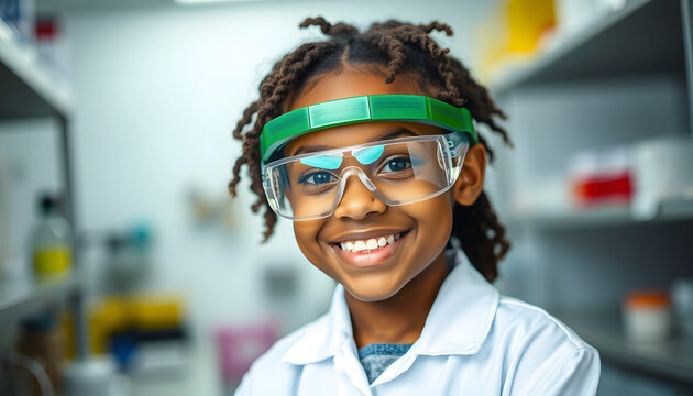 Portrait of smiling african american elementary schoolgirl wearing protective eyewear in laboratory isolated with white highlights, png