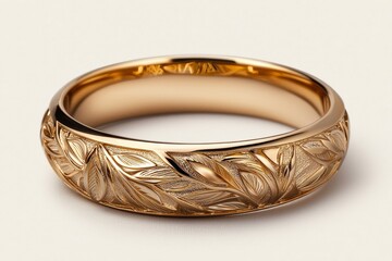 Luxurious Gold Ring with Intricate Leaf Carvings on White Surface - Elegant Jewelry Photography for Brand Promotion and Editorial Usage