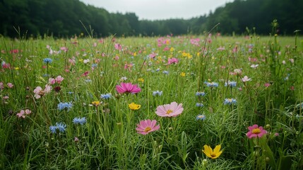 Tranquil Wildflower Meadow - Enchanting Closeup of Pink Blooms in Lush Nature Setting Serene Botanical Blooms for Floral Designs