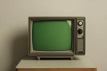Vintage Television Set with Green Screen on Table Against Textured Wall - Nostalgic Retro Media Display