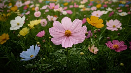 Fototapeta premium Enchanting Macro View of Pink Cosmos Flower Field Serene Floral Garden Blooms in Soft Pastels, Ideal for Spring, Nature, or Wellness Concepts