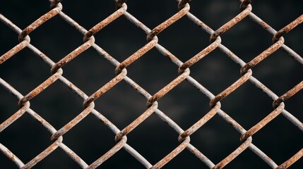 Fototapeta premium Rusty Chain-Link Fence Macro View with Symmetrical Diamond Pattern Against Dark Background - Gritty Industrial Aesthetic for Abstract Art and Conceptual Design