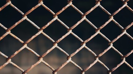Fototapeta premium Rustic Charm Detailed Closeup of Rusty Chain-Link Fence in Natural Setting, Symmetrical Wire Mesh Pattern, Melancholic Industrial Aesthetic