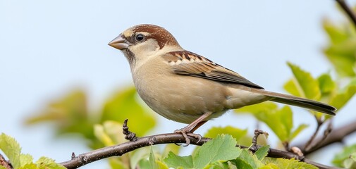 Detailed Closeup of Delicate Sparrow Perched on Twig with Exquisite Plumage, Natural Background. Serene Nature Concept for Wildlife Enthusiasts and Educational Materials