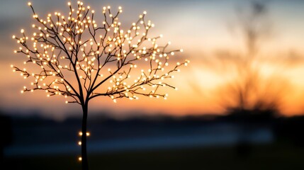 Fototapeta premium Tree silhouette with tiny warm white lights, sunset background, peaceful holiday scene, minimalist style