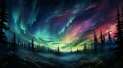 Fototapeta premium A vibrant display of auroras over a forested area