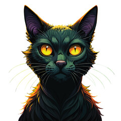 Mystical Black Cat with Fiery Orange Eyes Against a Dark Background