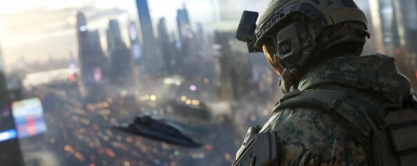 Fototapeta premium A soldier in futuristic armor looking over a city.