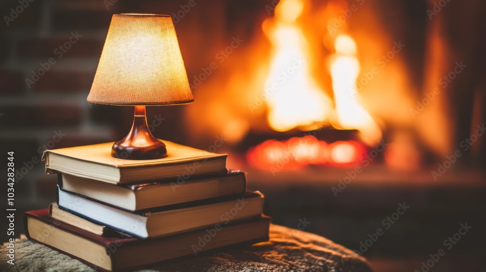 Poster a stack of books illuminated by a lamp with a fireplace in the background