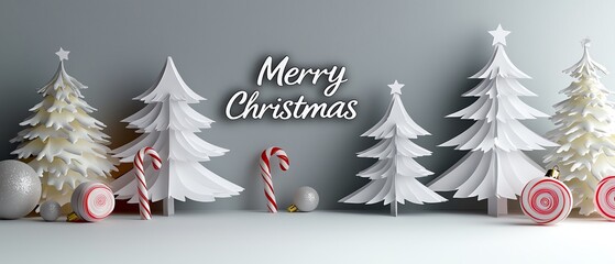 A festive arrangement featuring white Christmas trees and decorations, with a "Merry Christmas" greeting and a candy cane.