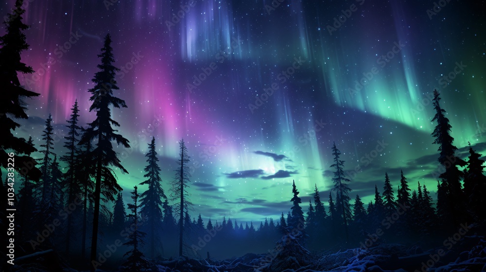 Wall mural the aurora borealis creating a magical display over a forest clearing