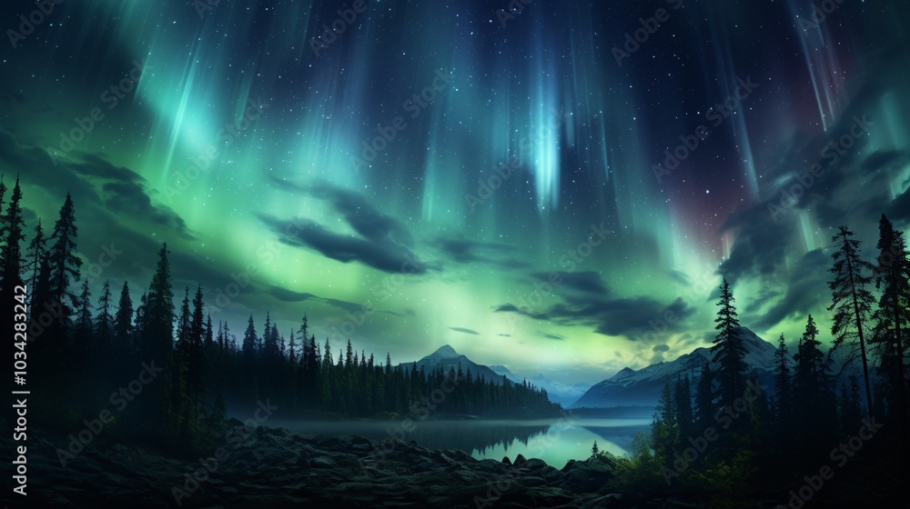 Wall mural the aurora borealis creating a magical display over a forest clearing