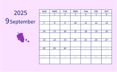 2025年9月のカレンダー　日曜日始まり