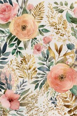 floral pattern with poppies, aquarel, beautiful graphic ressource for business, backdrop, pastel flowers and golden paint