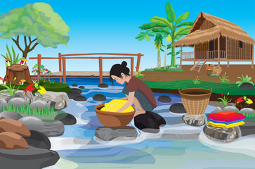 Obraz premium A country girl is washing clothes at the stream in front of a straw hut.vector design