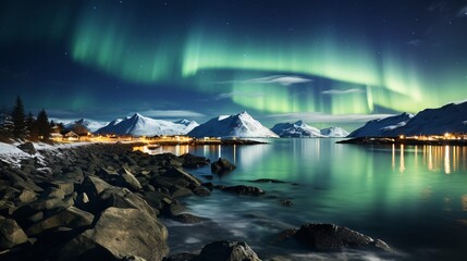 Naklejka premium A scenic view of the aurora borealis over a coastal village