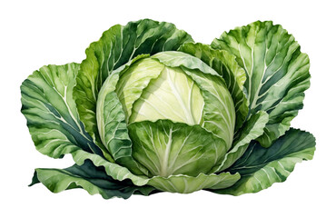 Watercolor illustration of fresh cabbage isolated on a transparent background. Healthy food, cooking and lifestyle. Botanical image for card, poster, textile, menu, kitchen, book. 