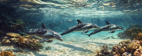 Fototapeta premium Three dolphins swimming over coral reef.