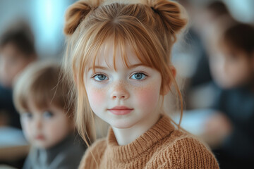 Fototapeta premium A portrait of a redhead girl in a class in school or kindergarten