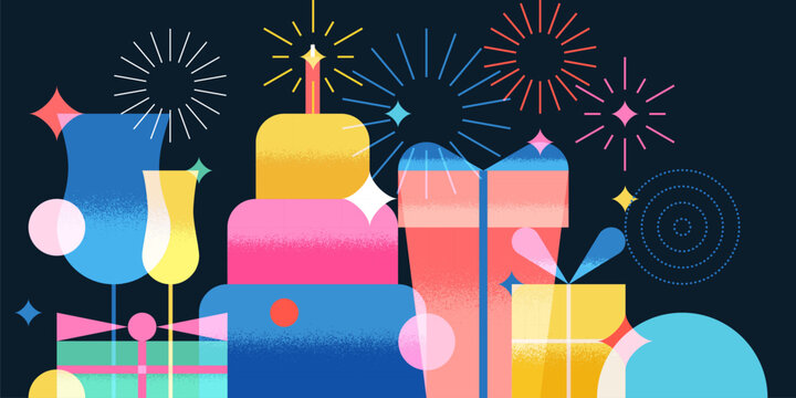 Birthday celebration, holiday party banner, poster. Vector illustration. Anniversary, invitation, greeting card template