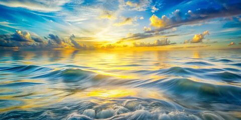 Waves gently roll across a vividly colored ocean under a dramatic sunrise. The sky is filled with fluffy clouds illuminated by the warm glow of the rising sun.AI generated.
