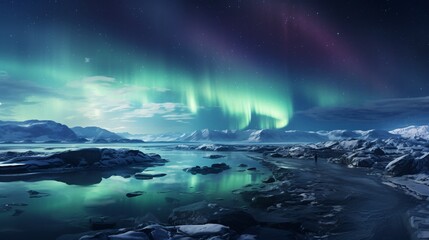 Naklejka premium A panoramic shot of the aurora borealis over an Arctic tundra