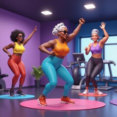 Fototapeta premium Three senior women in vibrant fitness outfits dancing energetically in a gym. Ideal for active aging, women’s health, and fun exercise concepts. 