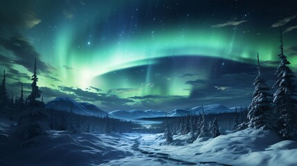Naklejka premium A scenic view of northern lights over a snow-covered hill
