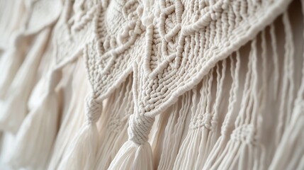 Obraz premium Intricate macramé wall hanging with decorative fringe in soft beige tones showcasing artisanal craftsmanship