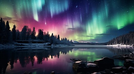 The aurora borealis lighting up the night sky above a frozen lake