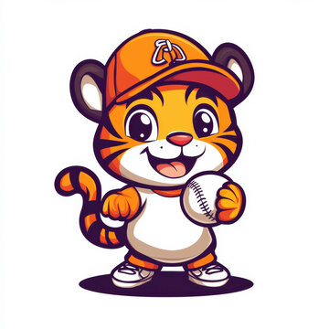 Cute cartoon tiger baseball player mascot logo vector illustration, isolated on a white background