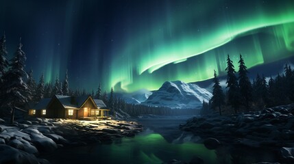 The aurora borealis illuminating the sky above a remote lodge