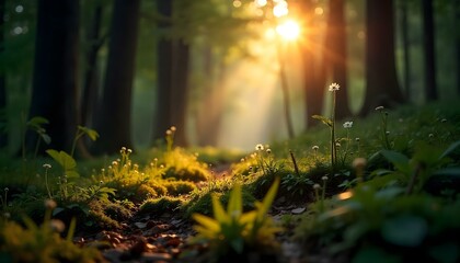 Summer forest into sun lights