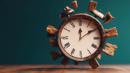 A rustic clock surrounded by wooden pieces, symbolizing the passage of time with an artistic touch against a teal background.