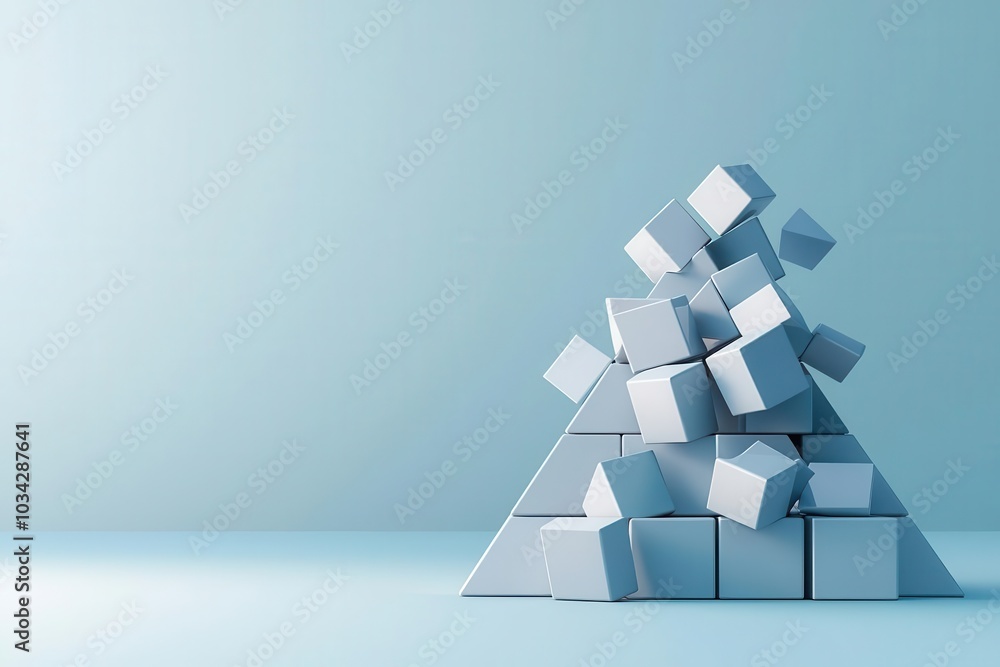Poster a minimalist design featuring a pyramidal structure made of white blocks, with some blocks appearing