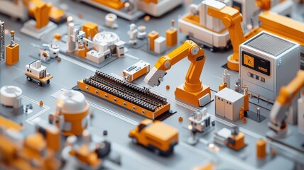 Fototapeta premium A vibrant miniature industrial scene featuring robotic arms, machinery, and vehicles, showcasing automation and engineering in a detailed, colorful layout.
