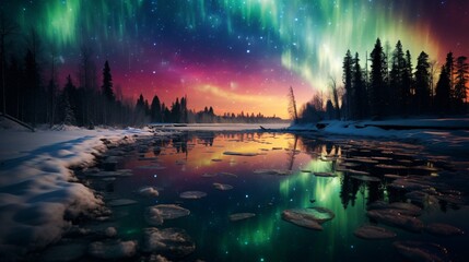 Obraz premium The aurora borealis forming colorful arcs above a frozen lake