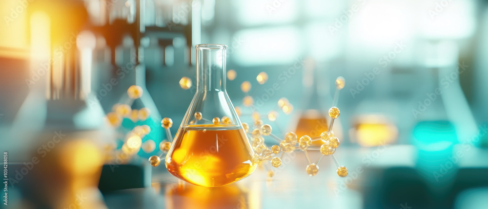 Poster drug development simulation, scientists innovating in a modern lab, utilizing advanced digital model