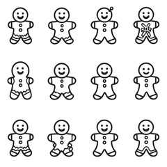Naklejka premium Outline icon set of cute gingerbread man cookie