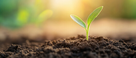 Fototapeta premium Green Seedling Emerging from Soil, Symbolizing New Life and Growth in Agriculture, Represents Cultivation and Nurturing of Nature